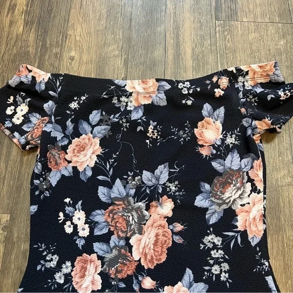 Women’s Floral Blue And Coral Boat Neckline Off Shoulders Mini Dress Size S - Picture 5 of 8